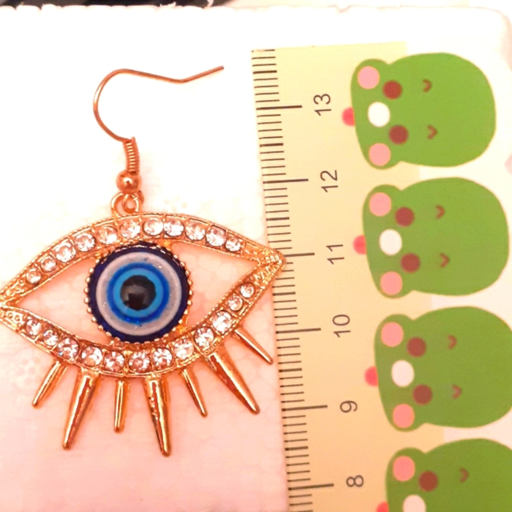 Evil Eye Rhinestone Earrings Blue Eyes Glam (BIN2) - Picture 5 of 5